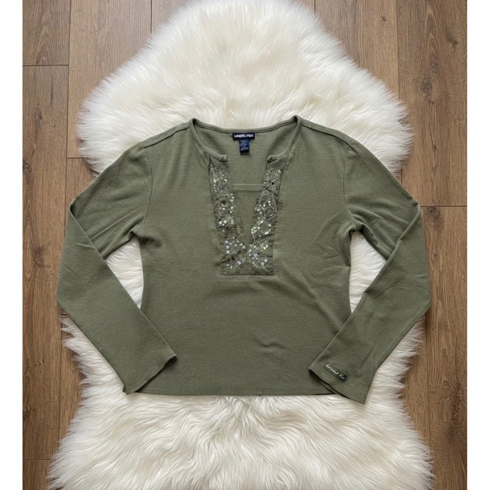Limited Too Girls Olive Sequin Floral Top Size 14 Y2K Long Sleeve